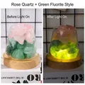 Pink crystal and green fluorite diffuser lamp with LED wood base in lit and unlit states - 400g Stone + 10cm Warm Light USB Base / Rose Quartz + Green Fluorite