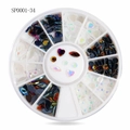 12-grid nail art rhinestones set featuring heart and teardrop shapes in a wheel box - AB Mixed Shapes Style (YX0034)