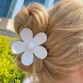 Elegant white five-petal flower hair claw clip with matte finish on wavy brown hair - 7.2*7.2*4.1 / Light Gray