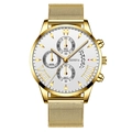 Business quartz watch for men featuring golden mesh strap and white three-eye dial - White Dial Gold Hands Gold Strap