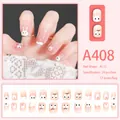 Close-up of pink press-on nails with cute cartoon bunny and cat paw patterns, style A408 - Pink White Gradient Rabbit (A408) / 24 Pcs/Set