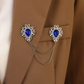 Silver collar chain brooch with navy blue teardrop gemstone and double hanging chains - Silver Base Royal Blue Water Drop (N-149)