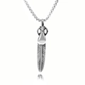 Macro view of silver feather pendant with polished texture and box chain detail - Leaf + Titanium Steel Chain