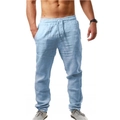 Light blue men's breathable linen casual pants with elastic drawstring waist in a loose fit - S / Sky Blue
