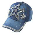 Blue denim baseball cap with sparkling rhinestone star and floral sequin embroidery - 67-Star Flower-Medium Blue