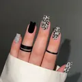 24pcs short square press-on nails featuring leopard print, black and silver glitter designs - Bz1466 Silver-edged Lip Texture / Glue Type