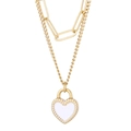 Double-layered golden stainless steel necklace with white enamel heart pendant detail - Gold Double Layer Necklace-White Heart Lock (KN232640-Z)