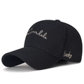 Black cotton baseball cap featuring light beige Lucky script embroidery on the side - Adjustable / Black