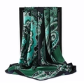 Bohemian paisley print satin scarf in dark green and black, draped on a minimal rack - 90x90cm / Vintage Green