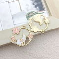 Cat and sakura charm pendant in white enamel finish for DIY jewelry making - Round Ancient Style Cherry Blossom White Cat 31x30mm