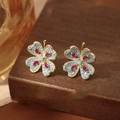 Vintage clover earrings with blue rhinestones and red stones on gold finish - Blue Gold Color Block (Silver Pin)