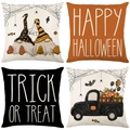 Set of four linen Halloween pillow covers featuring gnomes, black trucks, and festive text - Halloween Series 4-Piece Set-04