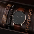 Men's luxury watch and beaded leather bracelet set in a premium wooden gift box - Genuine Leather Brown Simple Set S00203 (Watch And Bracelets)