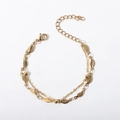Double-layer gold stainless steel bracelet with leaf pendants and bead chain details - 17+5cm / Cross Bead Chain + Embossed Leaf Bracelet / Gold