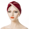 Women's turban hat featuring burgundy red and beige two-tone crossover knot design - Wine Red & Beige