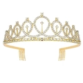 Tiara dorata di compleanno con strass scintillanti e pettini per capelli su sfondo bianco - Corona / Oro