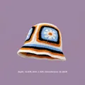 Handmade crochet bucket hat with blue and orange daisy patterns in vintage style - M (56-58cm) / Windmill Knit Hat Beige Orange