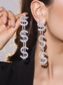 Elegant silver long tassel clip-on earrings with sparkling dollar sign rhinestones - Silver Dollar Sign Tassel