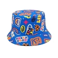 Detail van blauwe kinder vissershoed met kleurrijke graffiti prints en positieve tekst - Hoofdomtrek 52-54cm / Blauw