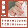 Pink and orange gradient press-on nails with white cloud patterns and gold glitter accents - R907 Transparent Pink Clouds