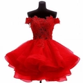 Short red off-shoulder puffy princess dress with elegant floral lace embroidery - US size 2 (S) / Red