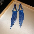 Deep blue rhinestone geometric tassel earrings with navy crystal drops and silver pins - Blue (Silver Earring Post)