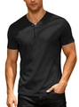 Men's black V-neck breathable Henley shirt with three buttons shown on a male model - S / Black