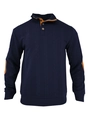 Close-up of navy knit polo shirt with orange elbow patches and cable stitch texture - Navy Blue