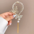 Molletta per capelli dorata con farfalla di strass e pendente a nappe di perle eleganti - J103 Doppia Farfalla d'Oro Perla Nappa Fibbia