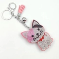 Pink rhinestone cat keychain with silver bell and stylish matching tassel accessory - Pink