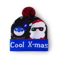 Knitted Christmas hat with LED lights, blue trim, penguin pattern and Cool X-mas text - Black Blue-Penguin Santa