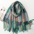 Bohemian floral patchwork scarf with turquoise tassels on white background - SL2504-010 Green (Lake Blue Patchwork Floral Tassel)