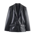 Women's faux leather black blazer featuring single-breasted buttons and classic lapel - XS / Black