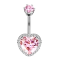 Silver belly button ring with pink heart cubic zirconia and round crystal accents - Style 17/Silver Pink Round Surrounded