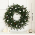 60cm Christmas wreath with realistic pine needles, pine cones and white snow finish - Frosted Cypress 60cm