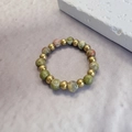 Adjustable 3mm unakite natural stone and gold bead elastic ring with a forest style - Elastic (Circumference 60mm) / Flower Green (Unakite)