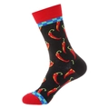 Mid-calf cotton socks in black featuring red chili patterns and checkered cuffs - 953