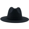 Classic black wool felt jazz fedora hat with flat brim and tonal ribbon band for women - Black