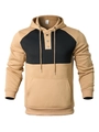 Detail view of khaki and black patchwork hoodie with three-button neckline and soft fabric - Khaki