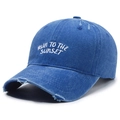 Dunkelblaue Denim-Baseballcap mit Run to the Sunset Stickerei und Vintage-Details - Verstellbar / Blau
