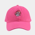 Close-up of three red mushroom embroideries on pink cotton canvas baseball cap - Adjustable / Rose Red