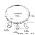 Silver stainless steel open bangle with geometric hollow charms and 5A zircon inlay - Zircon Pendant Bracelet Set / Steel