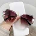 Oversized rimless sunglasses with purple gradient lenses and sparkling rhinestones - Dark Tea Color (A06 Lingxiao 8816#)