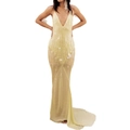 Elegant pale yellow sequined maxi dress with V-neck and open back for party events - S / Light Yellow