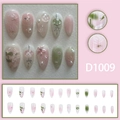 Pink and green gradient press-on nails with 3D floral relief and pearl accents - Pink Green Gradient Floral Relief (D1009) / Glue Type