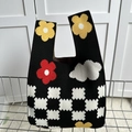 Knit tote bag with black and white checkerboard pattern and colorful floral embroidery - Black Wavy