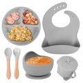 Grey 6-piece silicone baby feeding set with suction plate, bowl, bib and utensils - 6-Piece Set with Wooden Handle / Gray