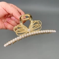 Elegant gold bow hair claw clip with faux pearls for women hair accessories - Straight Ribbon Pearl