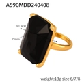 Gold plated titanium steel ring with large rectangle black zircon and four-prong setting - US 6 / Rectangular Zirconia Ring (A590) / Gold Black Zirconia