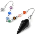 Natürliche hexagonale Kristall-Pendelkette mit sieben Chakra-Perlen und silberner Metallkette - Obsidian Mit 7 Perlenkette
